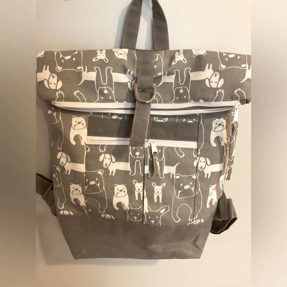 Gray and White Backpack with Dogs